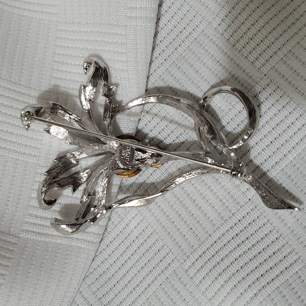 LEE ANGEL Big EXOTIC FLOWER Silver Tone Rhinestone Brooch Pin - Picture 3 of 4